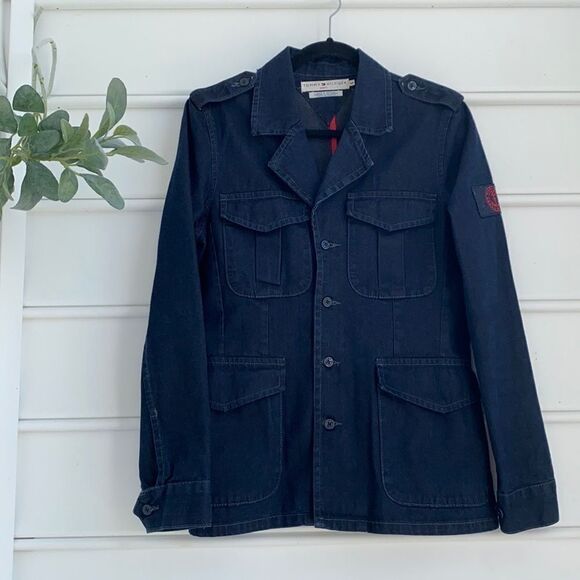 Vintage Tommy Hilfiger Military Inspired Dark Denim Utility Jacket Blue Medium - Picture 1 of 15